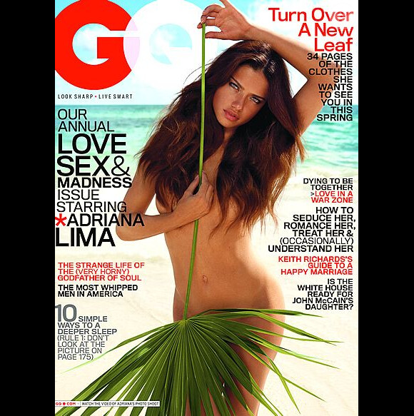 Avril 2008 : nue et couverte par une plante, Adriana Lima pose en couv' du GQ américain. 