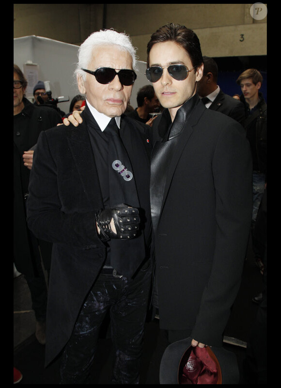 Karl Lagerfeld et Jared Leto ensemble lors du défilé Dior à Paris, le 21 janvier 2012.