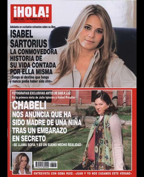 Chábeli Iglesias en couverture du magazine espagnol ¡Hola! révèle sa grossesse et la naissance de la petite Sofia, février 2012.