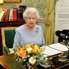 La reine Elizabeth II au moment de son allocution depuis Buckingham pour le Commonwealth Day, le 12 mars 2012. 