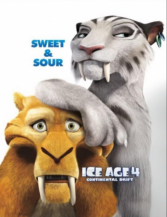Affiche teaser de L'Age de glace 4 : La Dérive des continents avec Diego et une charmante mais dangereuse tigresse
