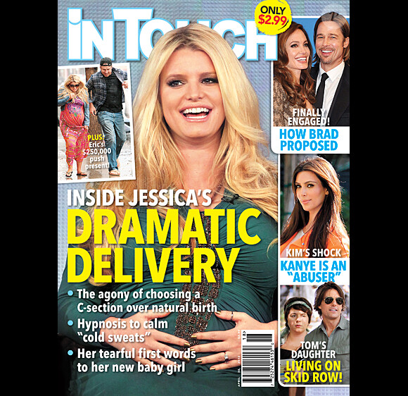 Jessica Simpson en couverture du magazine In Touch, qui parle d'un dramatique accouchement.