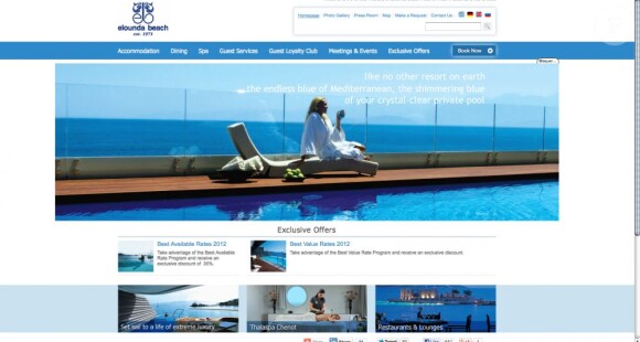 Capture d'écran du site Elounda Beach Hotel en Crête, visité par Jennifer Aniston pour son éventuel mariage