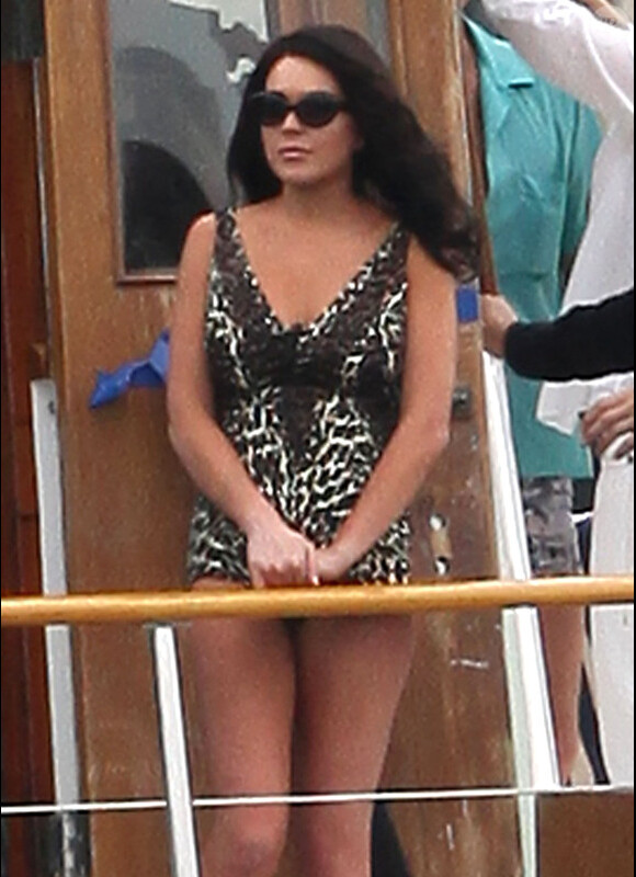 Lindsay Lohan en maillot de bain léopard sur le tournage de Liz & Dick, à Los Angeles le 4 juin 2012.