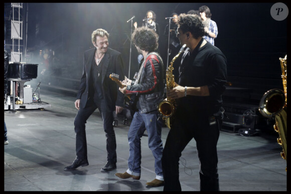 EXCLUSIF : Johnny Hallyday et ses musiciens répètent au Stade de France le 14 juin 2012.