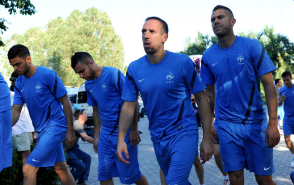 Hatem Ben Arfa, Marvin Martin, Franck Ribéry et Jérémy Ménez lors d'une séance d'entraînement le 22 juin 2012 à Donetsk en Ukraine