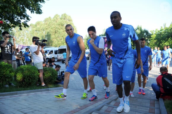 Karim Benzema, Samir Nasri et Blaise Matuidi lors d'une séance d'entraînement le 22 juin 2012 à Donetsk en Ukraine