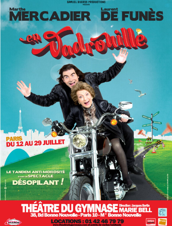 Affiche de la pièce En Vadrouille avec Marthe Mercadier et Laurent de Funès, au théâtre du Petit Gymnase, à Paris du 12 au 28 juillet 2012