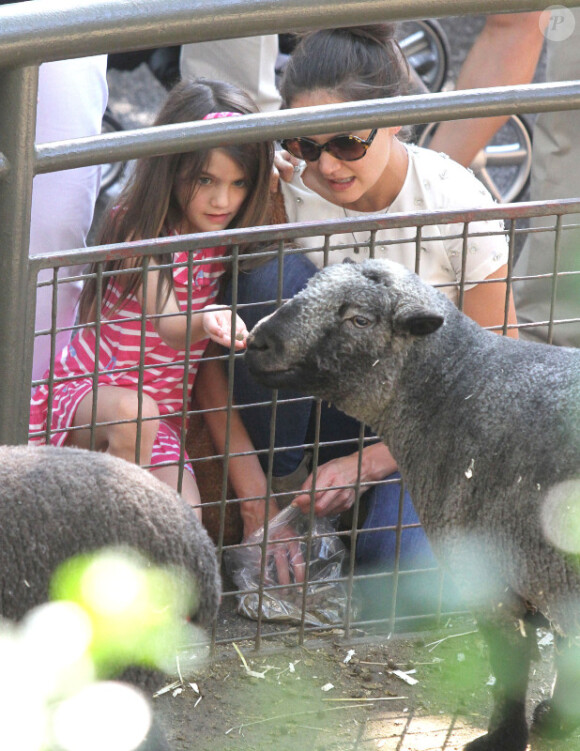 Katie Holmes, sa fille Suri et sa mère Kathleen se sont rendues au zoo de New York, le 11 juillet 2012 - Suri Cruise donne à manger à un mouton
