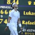 Rafael Nadal (photo : lors de son élimination surprise à Wimbledon 2012) a annoncé le 19 juillet 2012 son forfait pour les JO de Londres 2012. Champion olympique en titre et désigné porte-drapeau de la délégation espagnole, le champion vit l'un des jours les plus tristes de sa carrière...
