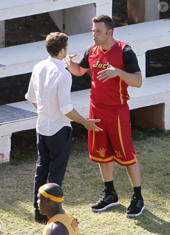 Ben Affleck et Justin Timberlake sur le tournage du film Runner, Runner à Porto Rico, le 23 juillet 2012