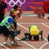 Usain Bolt aux anges lors des Jeux olympiques de Londres le 5 août 2012 après avoir conservé son titre sur 100m