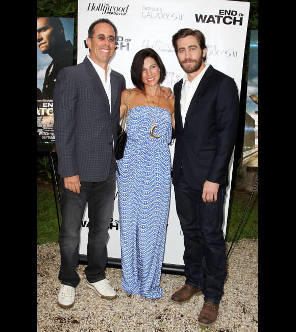 Jerry Seinfled, sa femme Jessica et Jake Gyllenhaal lors d'une projection privée du film End of Watch organisée à East Hampton dans l'Etat de New York le 19 août 2012