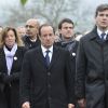 Arnaud Montebourg, Valérie Trierweiler et François Hollande aux obsèques de Danielle Mitterrand à l'abbaye de Cluny, le 26 novembre 2011.