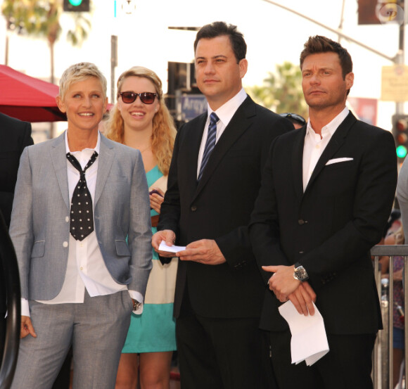 Ellen DeGeneres reçoit son étoile sur le Walk of Fame à Hollywood aux côtés de Ryan Seacrest et Jimmy Kimmel, le 4 septembre 2012