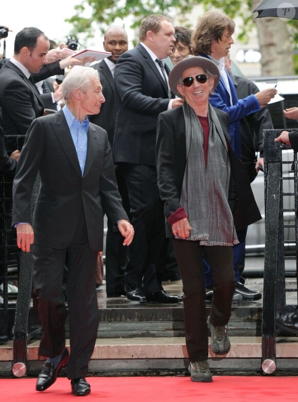 Charlie Watts et Keith Richards à l'inauguration de l'exposition Rolling Stones à la Somerset House, Londres, le 12 juillet 2012.