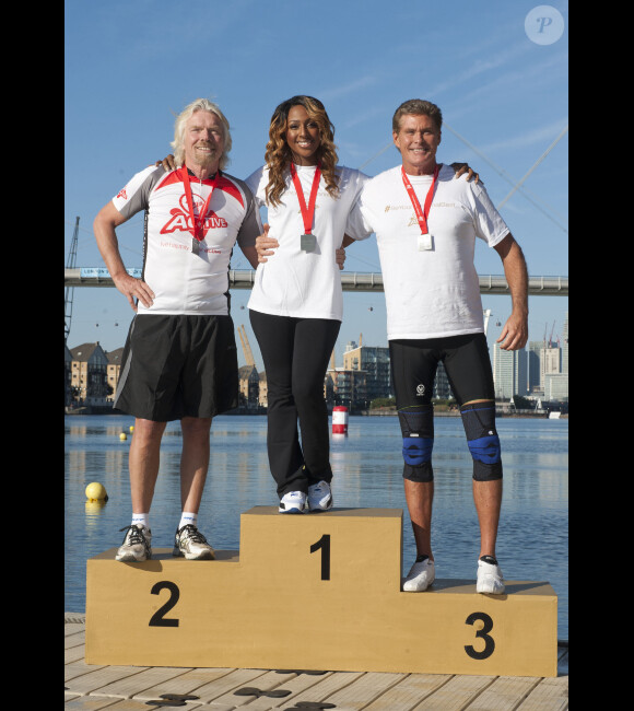 Richard Branson, Alexandra Burke et David Hasselhoff participent au Virgin Active Triathlon, à Londres, le samedi 22 septembre 2012.