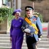 Le prince Henrik de Danemark et la reine Margrethe II de Danemark sortant de la cathédrale Notre-Dame de Luxembourg où le prince Guillaume et Stéphanie de Lannoy viennent de se marier, le 20 octobre 2012.