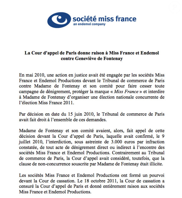 Communiqué officiel de la société Miss France - vendredi 26 octobre 2012