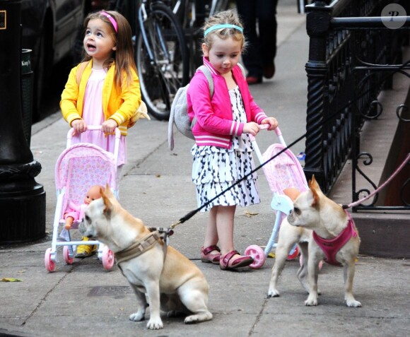 Les filles de Sarah Jessica Parker, Marion et Tabitha, à New York, le 12 novembre 2012 - Elles se sont arrêtées pour regarder un chien