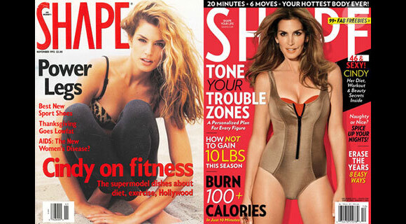 Cindy Crawford en couverture de Shape Magazine. A droite, pour le mois de décembre 2012, à gauche, 20 ans avant...