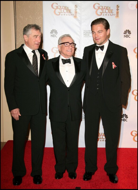 Le passage à témoin, Martin Scorsese aux côtés de ses acteurs fétiches, Robert De Niro et Leonardo DiCaprio, le 17 janvier 2010.