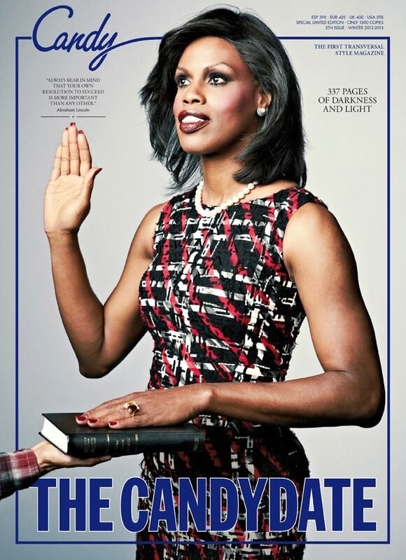 Le mannequin transsexuel Connie Fleming dans la peau de Michelle Obama en couverture de Candy Magazine