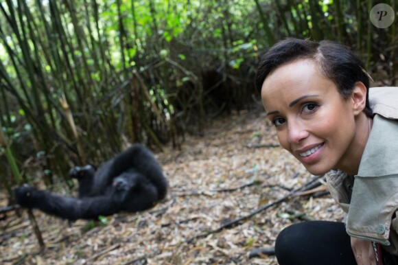 Sonia Rolland rendant visite à la famille des gorilles Sabignwo, au Rwanda, le 29 novembre 2012.