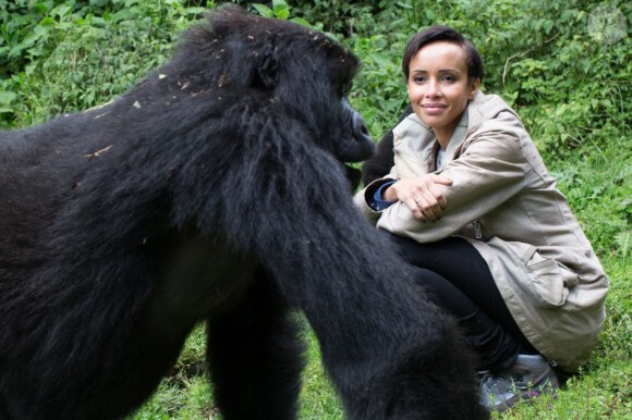 Sonia Rolland rendant visite à la famille des gorilles Sabignwo, au Rwanda, le 29 novembre 2012.