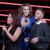 Amel Bent, Lorie et M. Pokora lors de l'enregistrement du prime 'Samedi soir on chante Goldman', diffusé le 19 janvier 2013 sur TF1