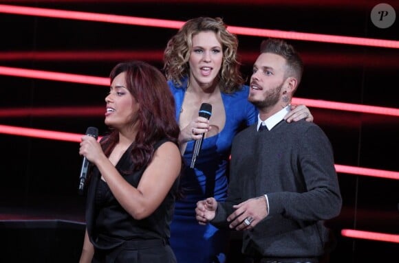 Amel Bent, Lorie et M. Pokora lors de l'enregistrement du prime 'Samedi soir on chante Goldman', diffusé le 19 janvier 2013 sur TF1