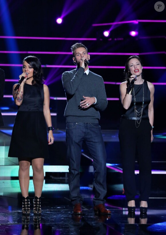 Alizée, M. Pokora et Natasha St-Pier lors de l'enregistrement du prime 'Samedi soir on chante Goldman', diffusé le 19 janvier 2013 sur TF1