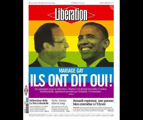 Couverture de Libération, en faveur du mariage pour tous, en mai 2012.