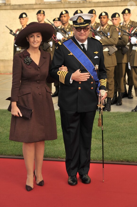 Le prince Laurent de Belgique et la princesse Claire au mariage du prince Guillaume de Luxembourg, le 20 octobre 2012.