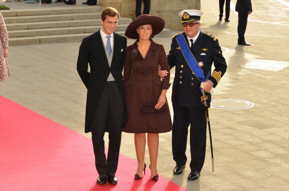 Le prince Laurent de Belgique et la princesse Claire au mariage du prince Guillaume de Luxembourg, le 20 octobre 2012.