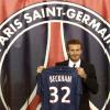 David Beckham lors de sa conférence de presse au Parc des Princes le 31 janvier 2013 à Paris après la signature de son contrat qui fait de lui un joueur du PSG