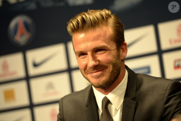 David Beckham, so british lors de sa conférence de presse au Parc des Princes le 31 janvier 2013 à Paris après la signature de son contrat qui fait de lui un joueur du PSG
