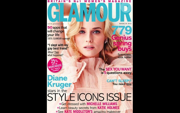 Diane Kruger fait la couverture du magazine Glamour, version anglaise, daté du mois de mars 2013.