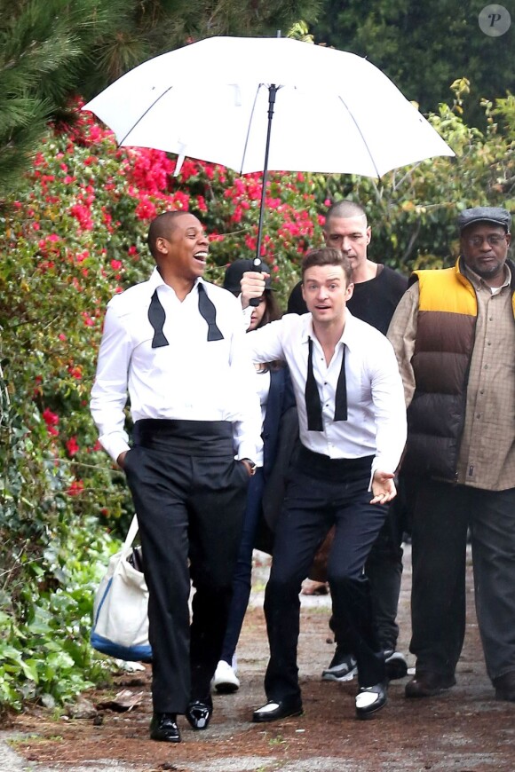 Justin Timberlake et Jay-Z sur le tournage du clip de Suit & Tie, le nouveau single de Justin, à Los Angeles, le 25 janvier 2013.