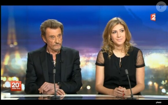 Johnny Hallyday et Amanda Sthers invités par Laurent Delahousse sur le plateau du 20 heures de France 2, le 9 février 2013.