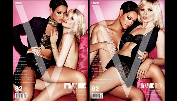 Rihanna et Kate Moss forment un duo ultrasexy en couverture du numéro "Dynamic Duos" du magazine V. Photo par Mario Testino.