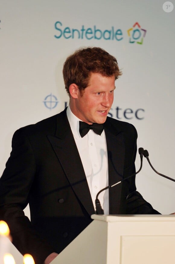 Le prince Harry en plein discours lors d'un dîner de gala à Johannesburg, en Afrique du Sud, le 27 février 2013, au profit de son association Sentebale pour les enfants du Lesotho.