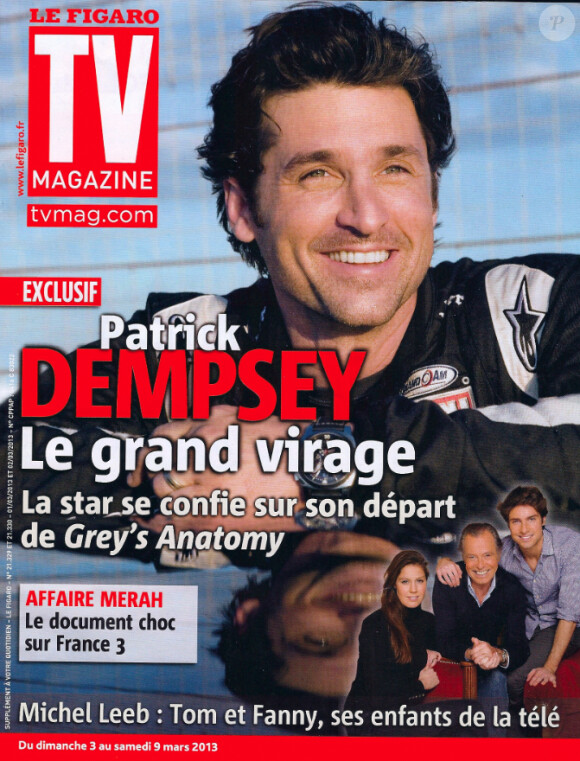 Patrick Dempsey fait la couverture de TV Magazine, en kiosques depuis le 1er mars 2013. Il parle de sa participation aux 24 heures du Mans et son rôle dans Grey's Anatomy.