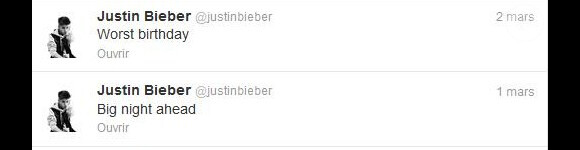 Justin Bieber a déclaré sur Twitter qu'il passait l'un de ses pires anniversaires de sa vie, le 2 mars 2013.