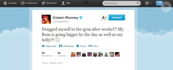 Coleen Rooney, enceinte, a décidé de se mettre à la gym le 28 février 2013 après des semaines passées à se prélasser sous le soleil de la Barbade. L'occasion pour elle de constater que son fessier grossit proportionellement à son ventre... Les bienfaits de la grossesse en somme.