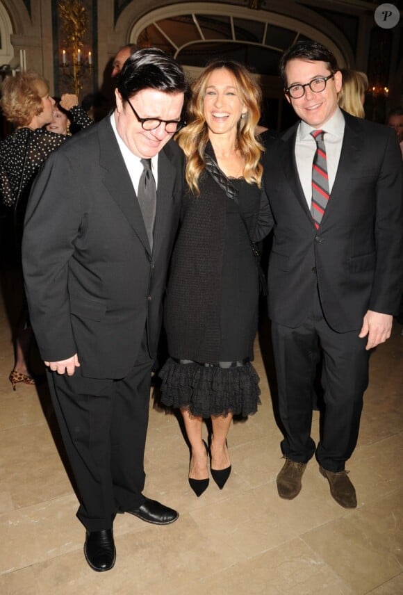 Nathan Lane, Sarah Jessica Parker et son mari Matthew Broderick s'amusent en marge du dîner de l'Academy Of The Arts Lifetime Achievement Awards au Plaza Hotel de New York, le 4 mars 2013.