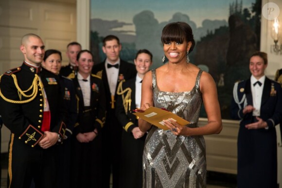 Michelle Obama annonce, depuis la Maison Blanche, l'oscar du meilleur film Argo. Le 24 février 2013.