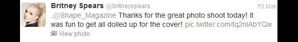 Britney Spears a révélé le 19 mars sur Twitter avoir participé à un shooting pour le magazine Shape.