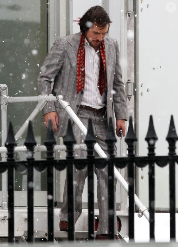 Christian Bale sur le tournage du film de David O. Russell à Boston, le 19 mars 2013.