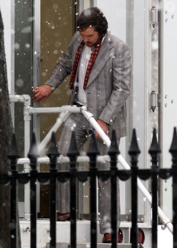 Christian Bale sur le tournage du film de David O. Russell à Boston, le 19 mars 2013.